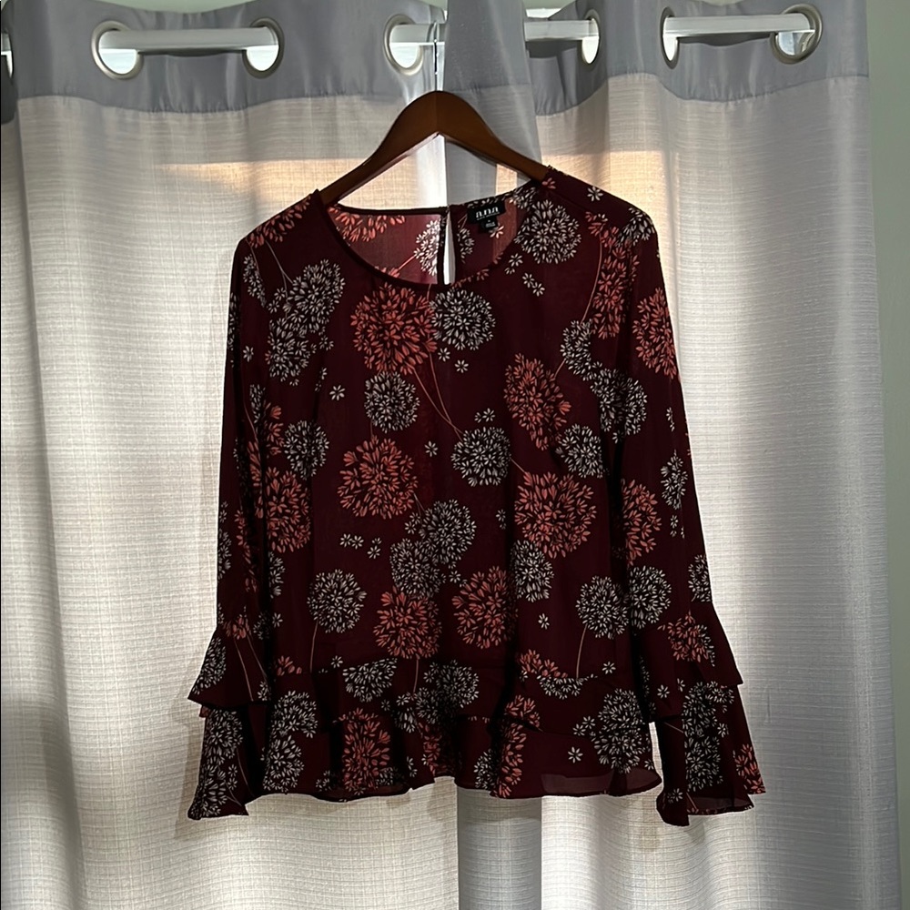 a.n.a Burgundy Floral Blouse with Ruffle Details